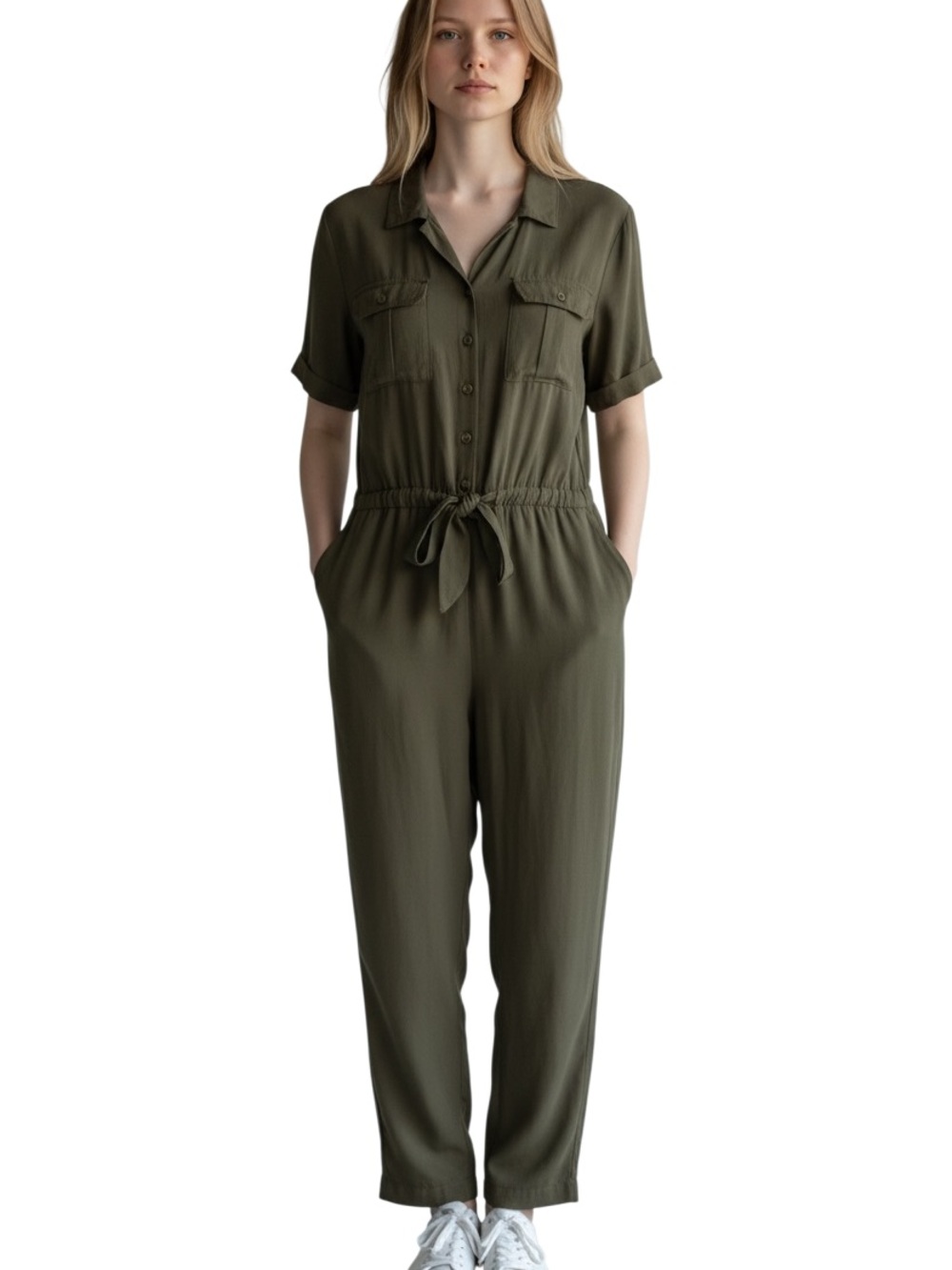 Universal Thread Olive Button-Front Tie-Waist Jumpsuit